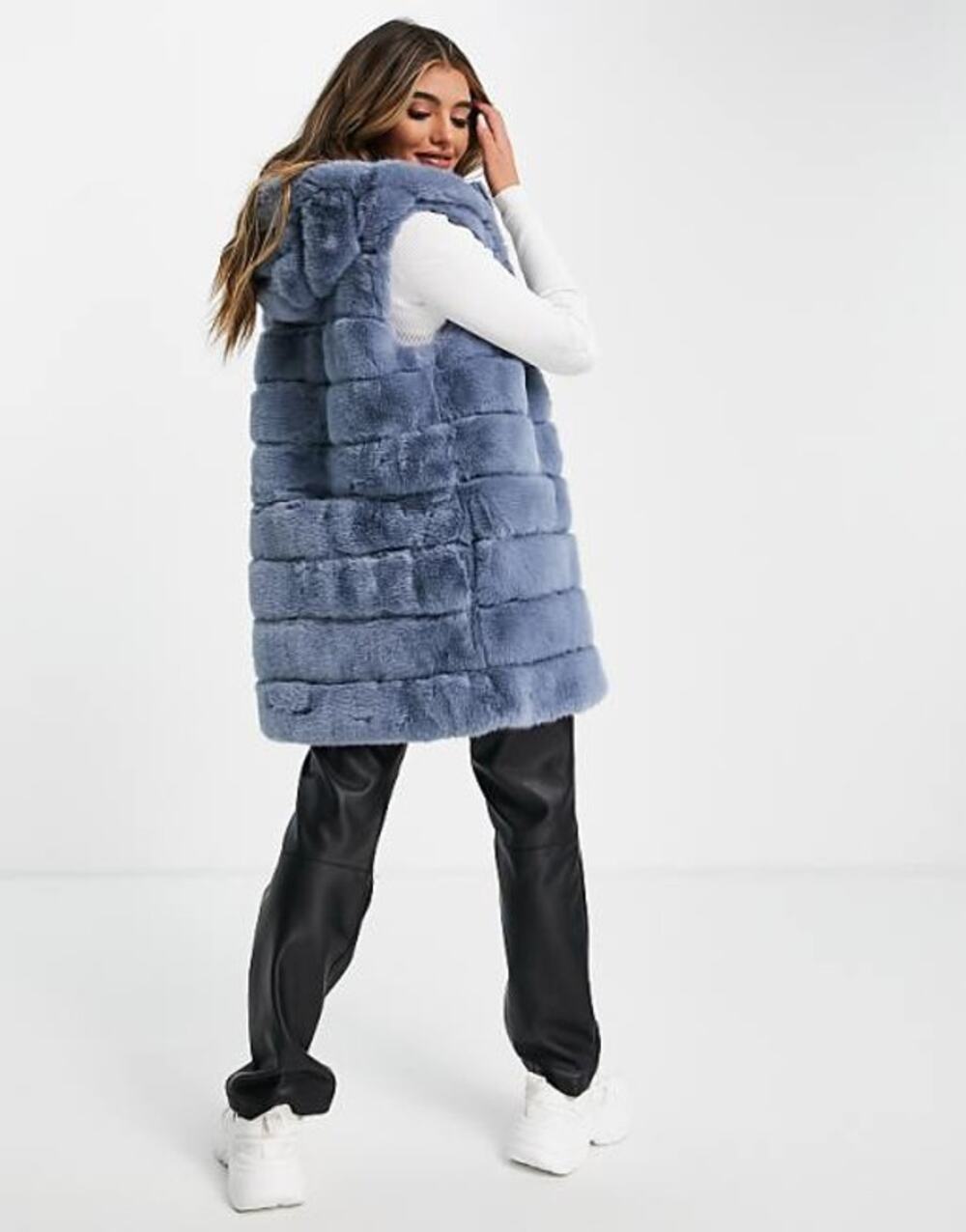 Jayley Gilet Vest Faux Fur Hooded Coat Blue OS Jacket Mini Dress Top Outerwear
